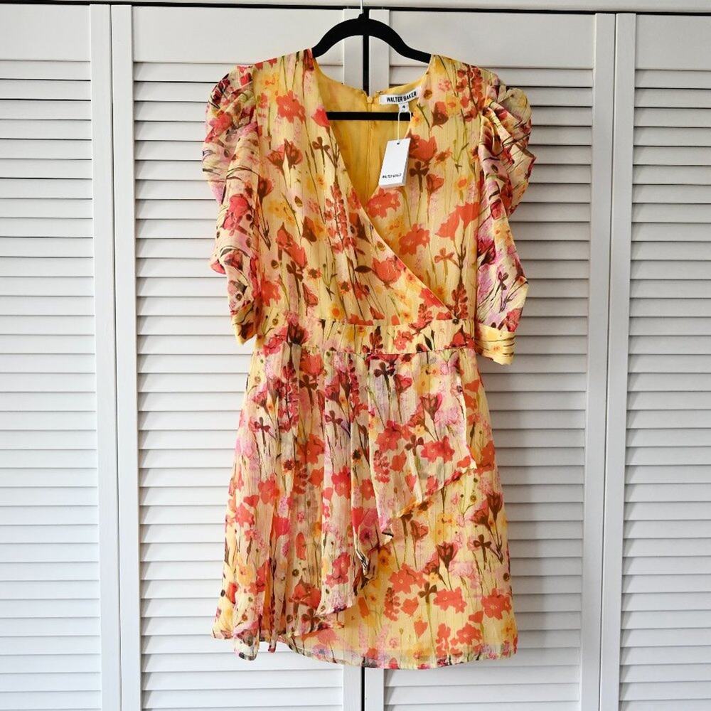 Walter Baker Yellow Floral Wrap Mini Dress with Pink & Coral Blooms